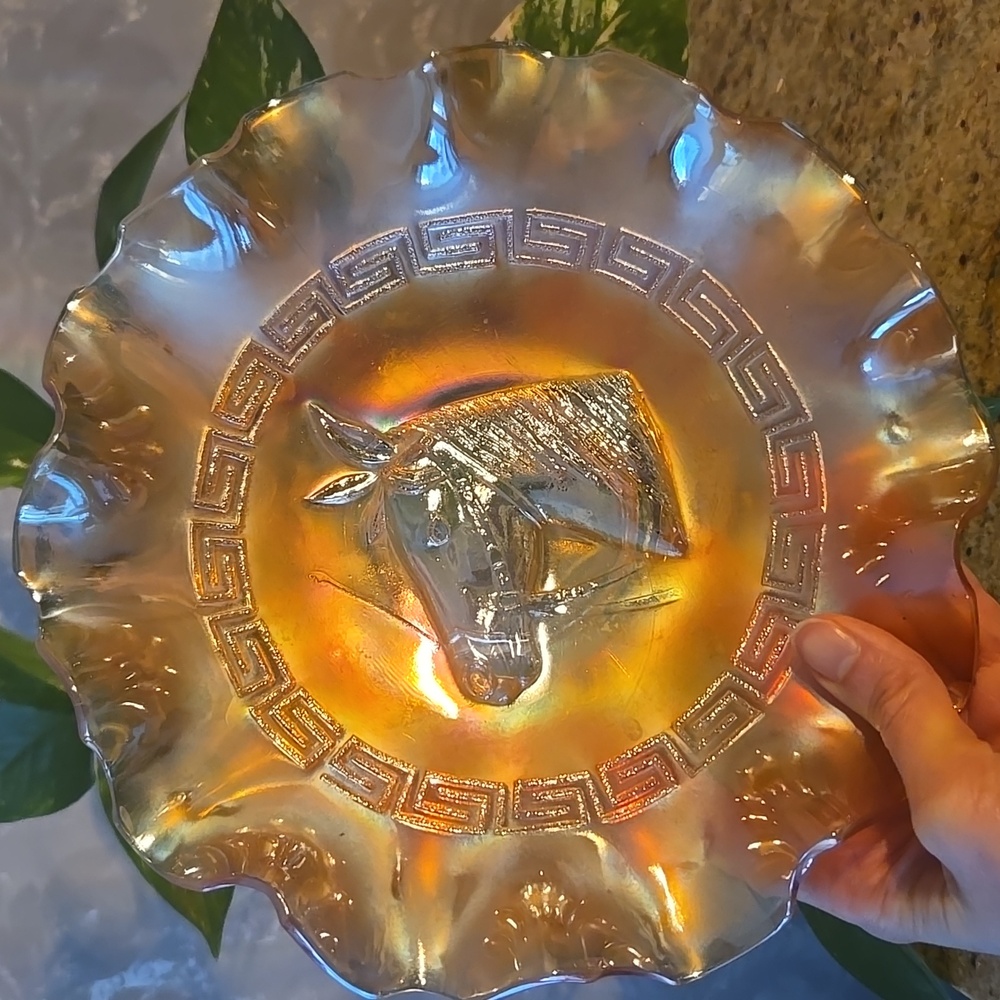 **RARE** Vintage Marigold Carnival Glass Pony Horse Head Greek Key Bowl Plate